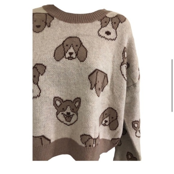 Beige cream brown adorable puppy dog face print long sleeve sweater‎ size medium - Picture 12 of 16